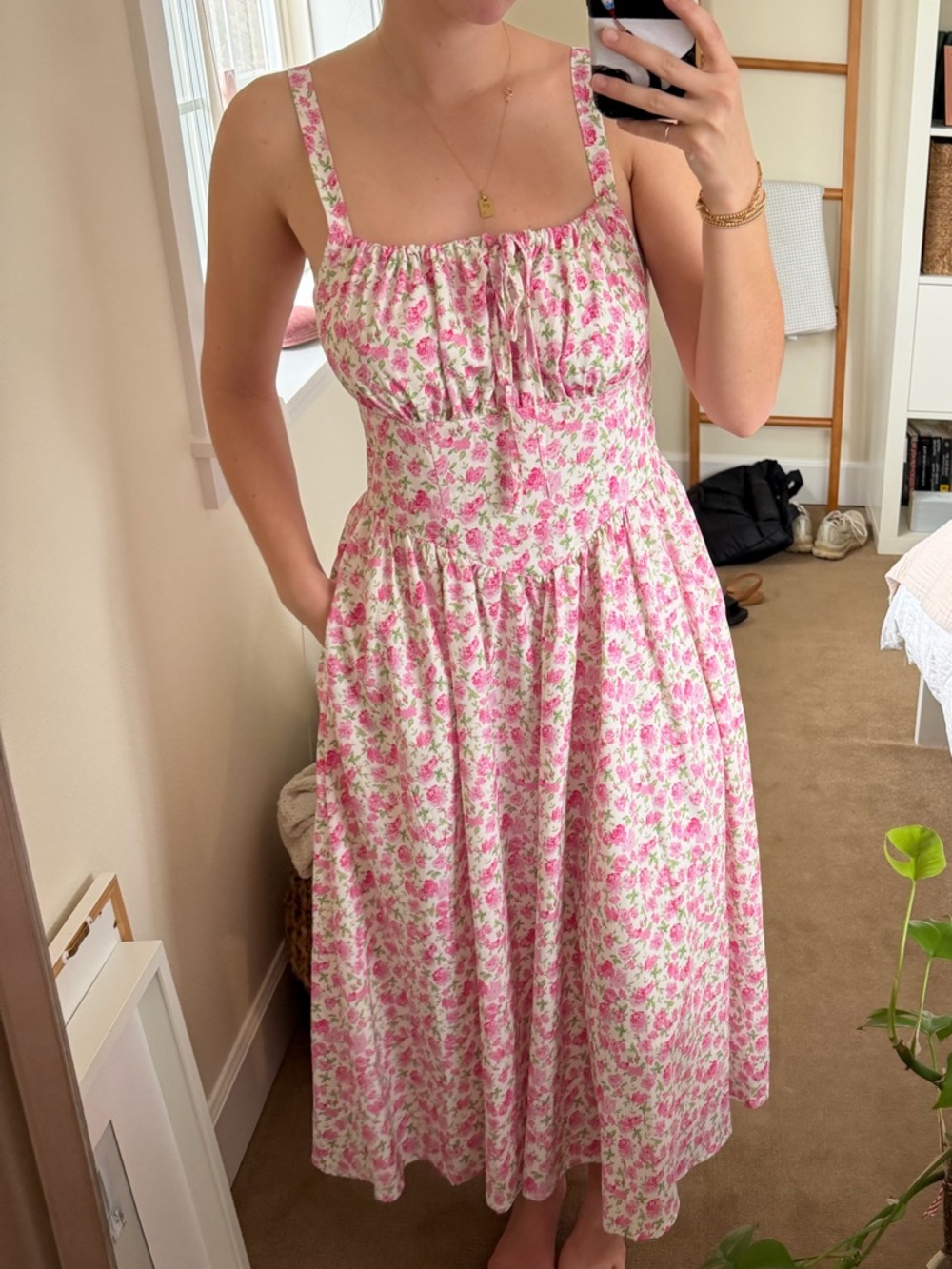 Pink Floral Midi Dress with Smocked Waist